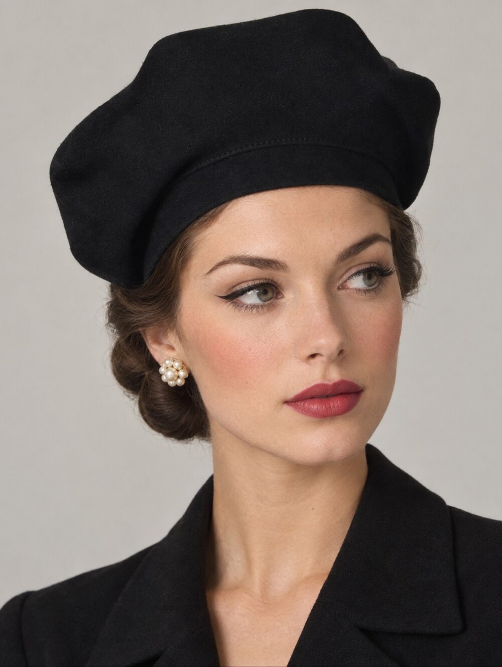 Vintage Black Velour Beret Hat Structured Crown Fitted Band Classic Retro Style